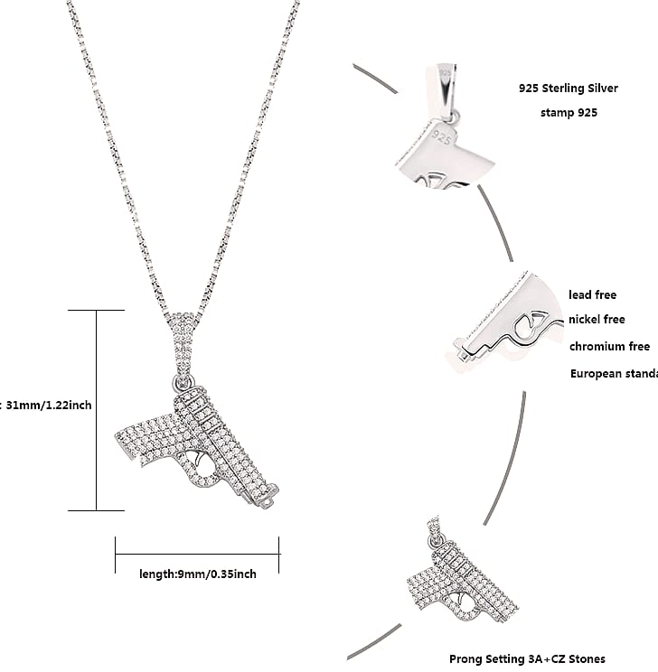 TOPGRILLZ 925 Sterling Silver Pistol Pendant Necklace