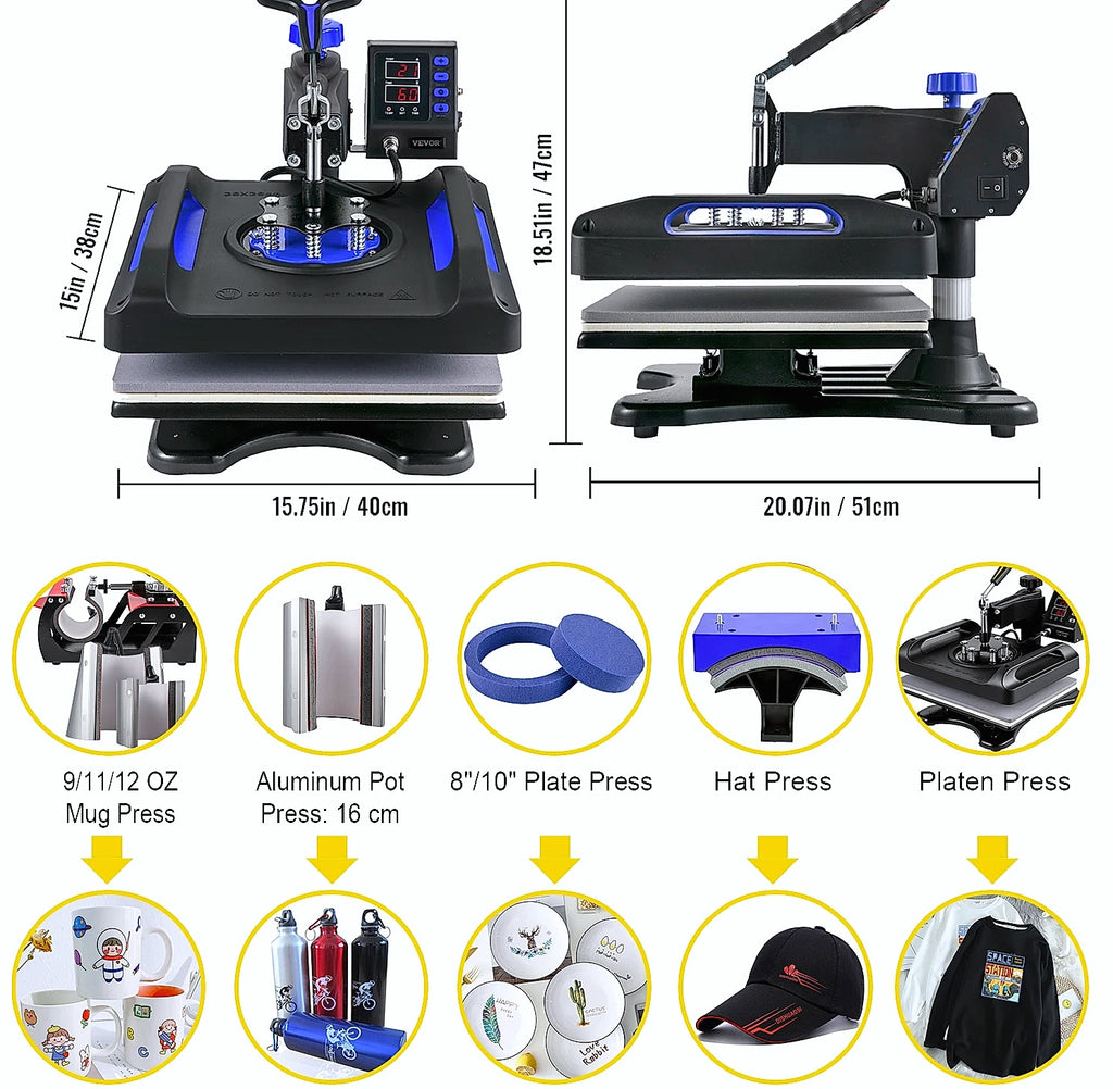 SucceBuy 12x15" Heat Press 5-in-1 Combo Machine with Dual Heating