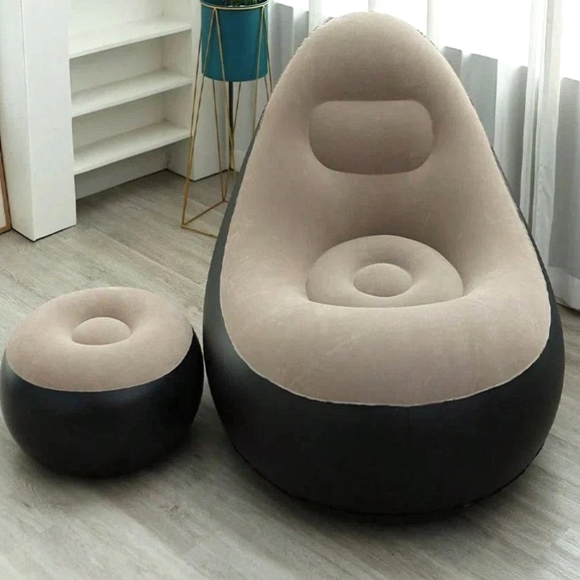 Plush Adult Inflatable Lounge Chair with Ottoman - Portable Cozy Air Sofa