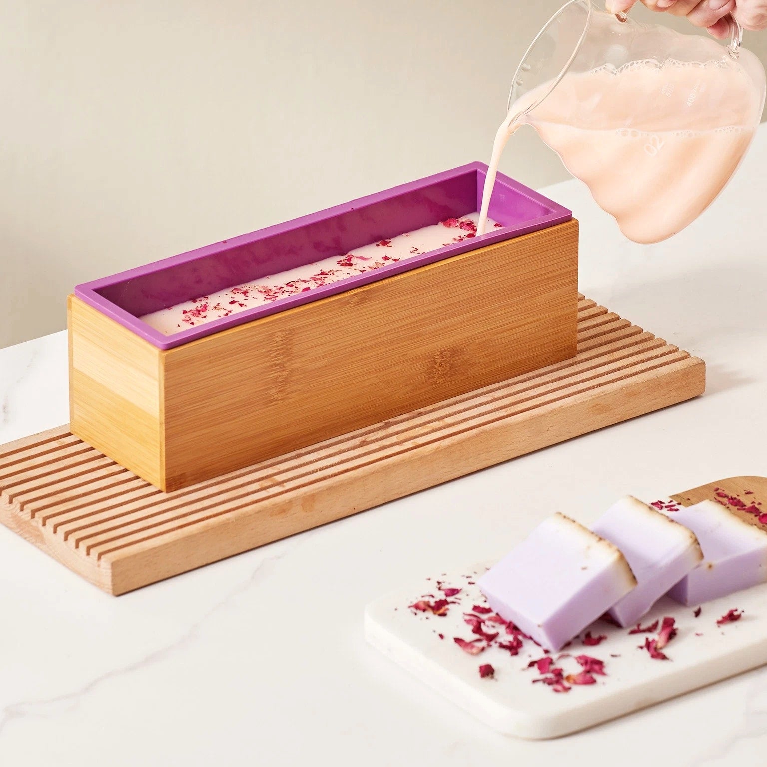 Soap Making Kit with Bamboo Cutting Box, Silicone Mold, Stainless Steel Cutters