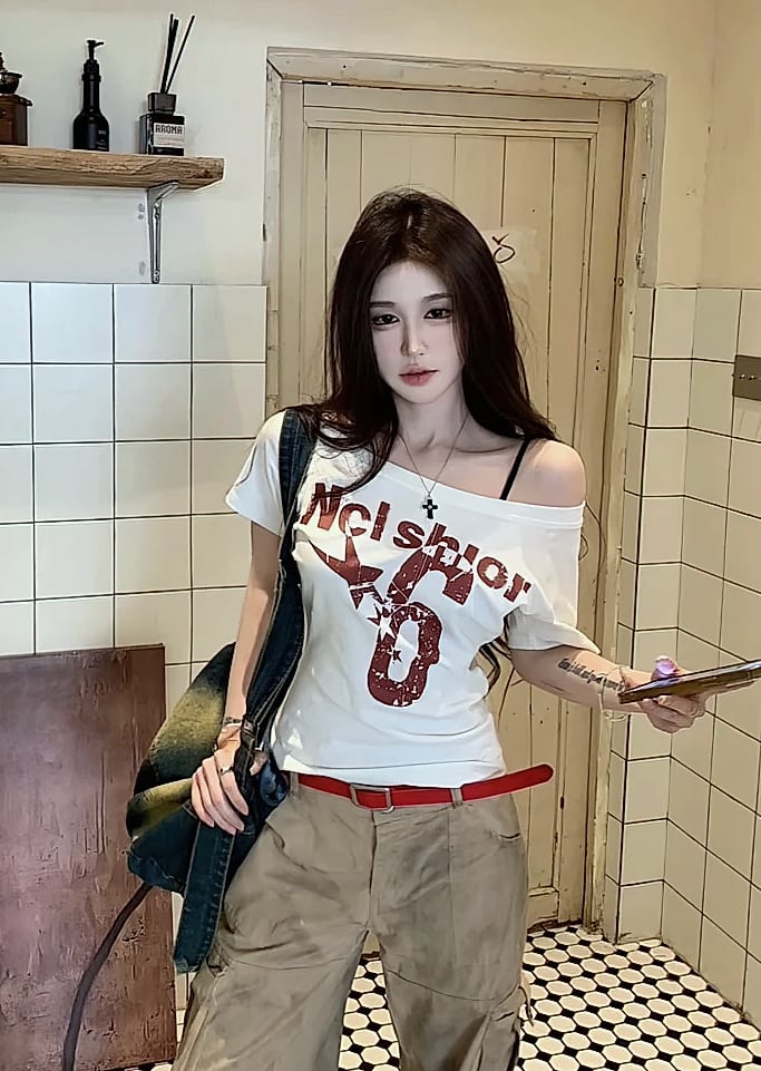 ZOYLEIR Y2K Off-Shoulder Crop Top Women Short Sleeve