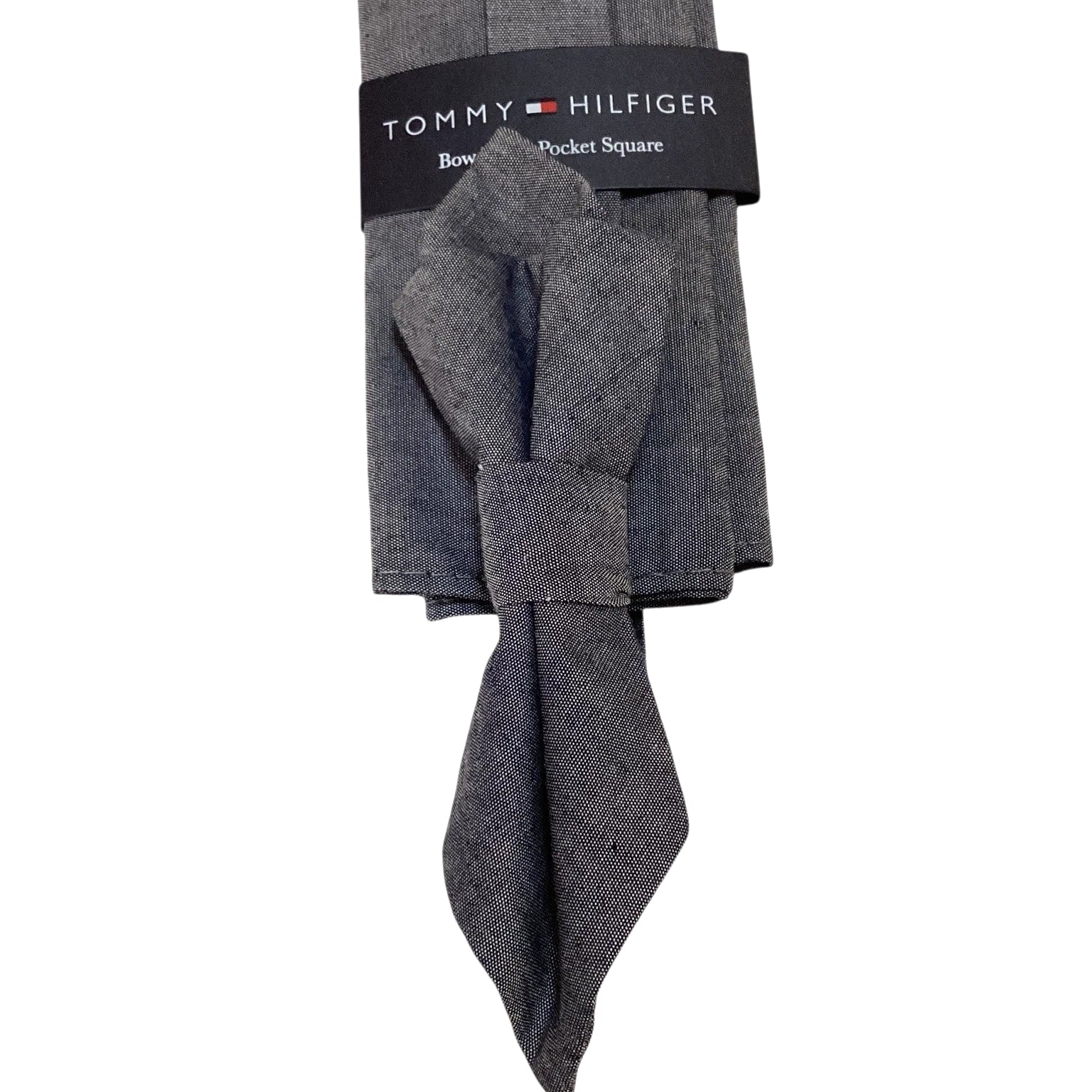 TOMMY HILFIGER Men's Cotton BOW TIE & POCKET SQUARE Set Designer SOLID Gray NWT