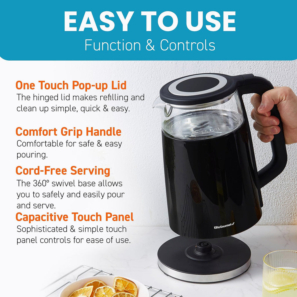 Elite Gourmet 1.7L Electric Tea Kettle with Digital Touchscreen