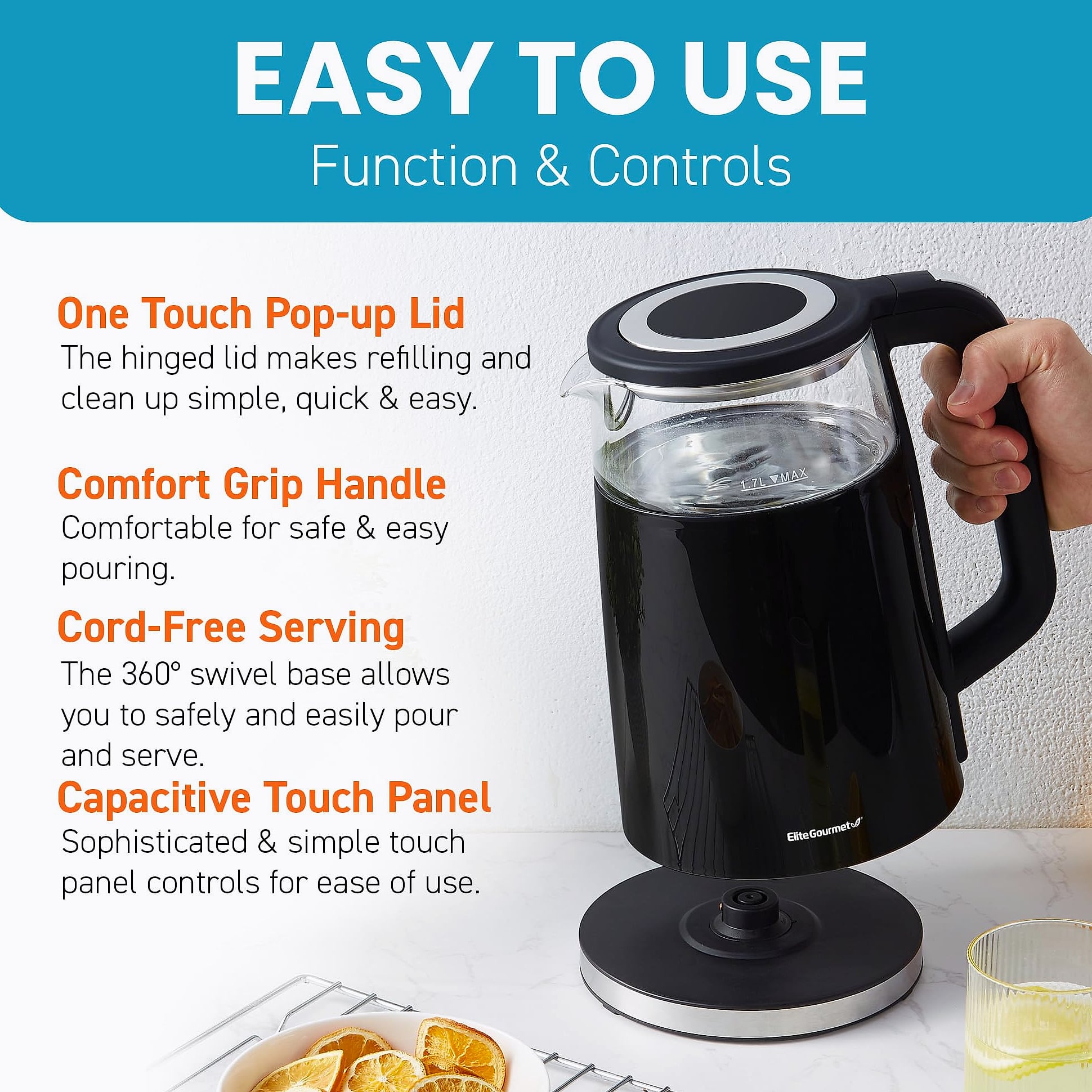 Elite Gourmet 1.7L Electric Tea Kettle with Digital Touchscreen