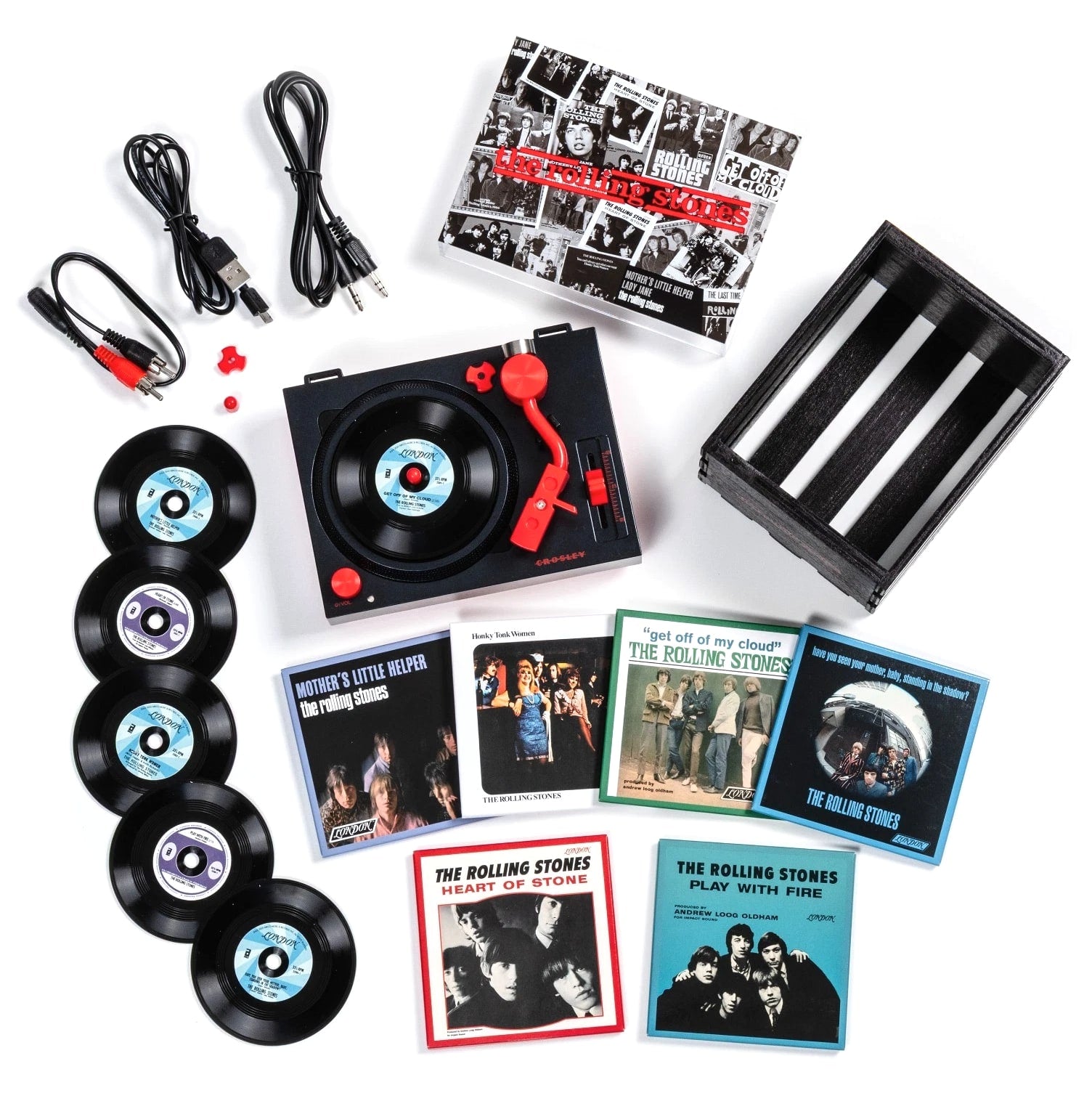 Crosley Rolling Stones RSD3 Turntable with Crate and Six 3-Inch Singles