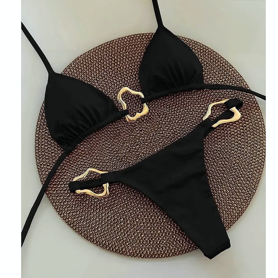 Lace-up Solid Color Two-piece Bikini Swimsuit for Women
