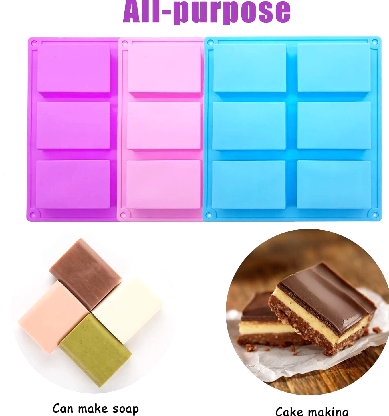 3 Pack Silicone Rectangle Soap Molds with 6 Cavities, Soap Making Baking Molds