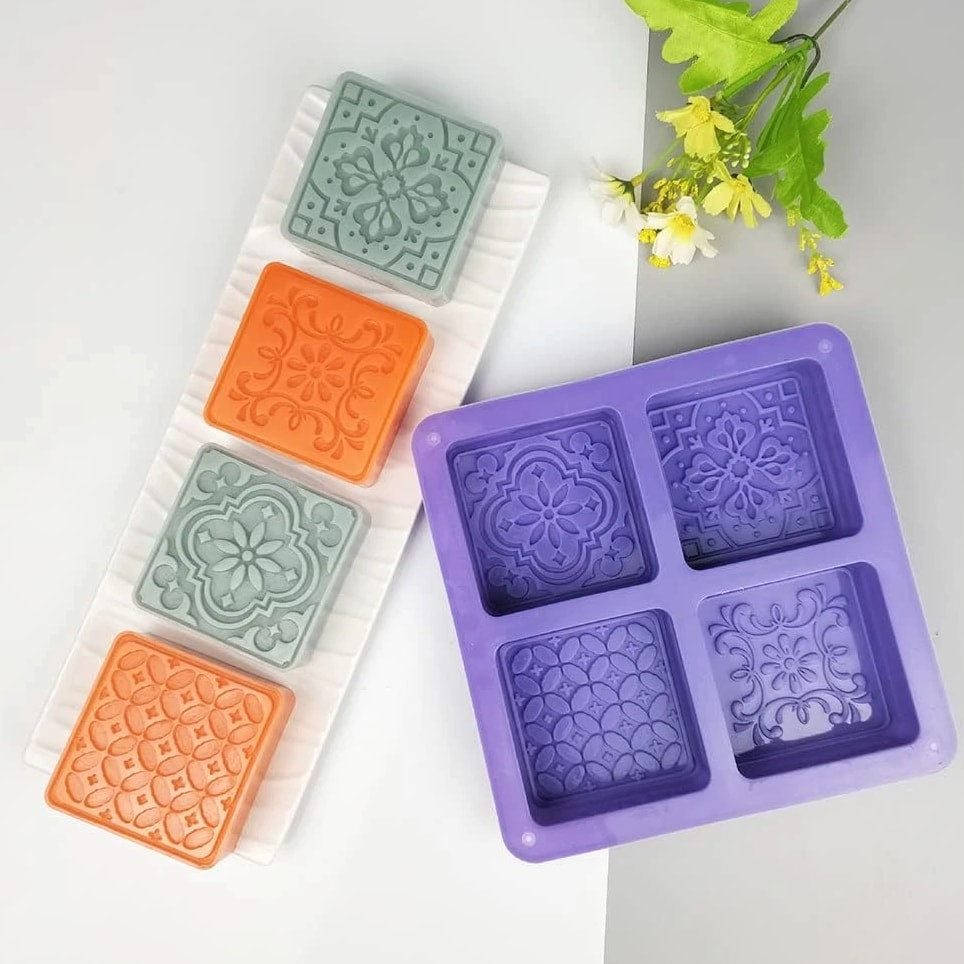 Silicone Soap Mold - 4 Cavities Square Flower Baking Molds For Soap Candles Jelly