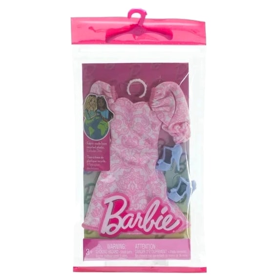 Barbie Doll Clothing, Fashion Pack with Pink Puff Sleeve Dress & Accessories