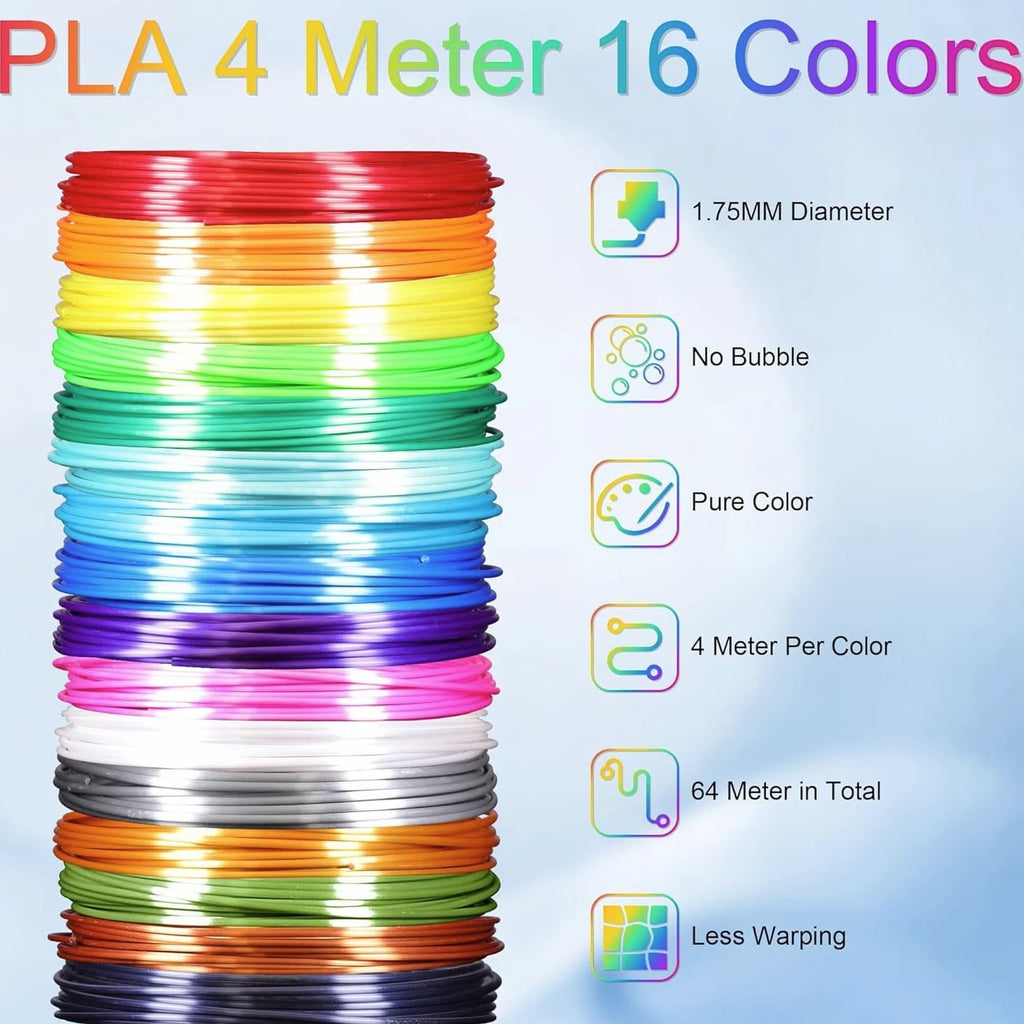 16 Colors Silk Shiny PLA Filament Sample Pack, Each Color 4 Meter Length, Total