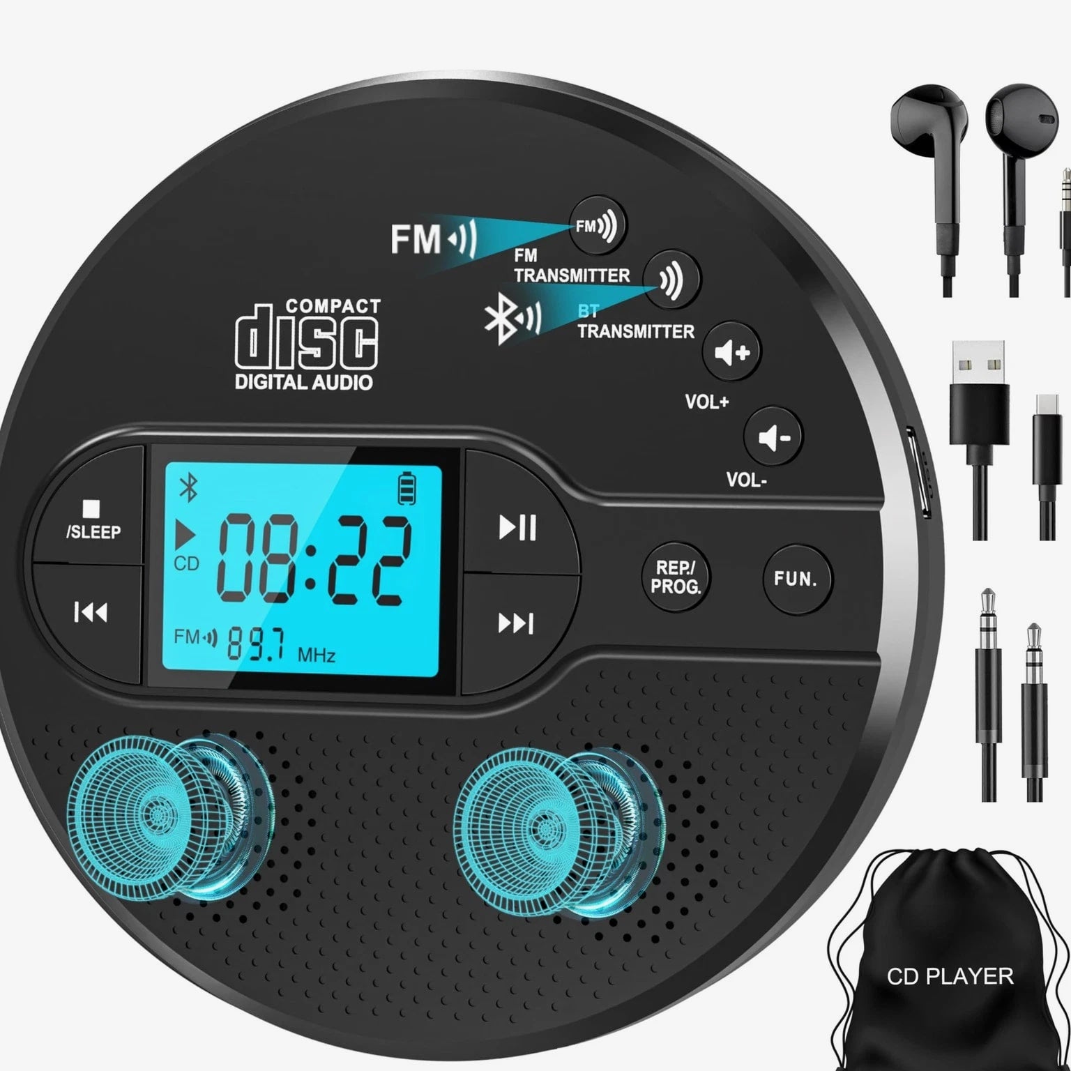 Portable CD Player with Bluetooth, Walkman CD Player with FM Transmitter and Spe