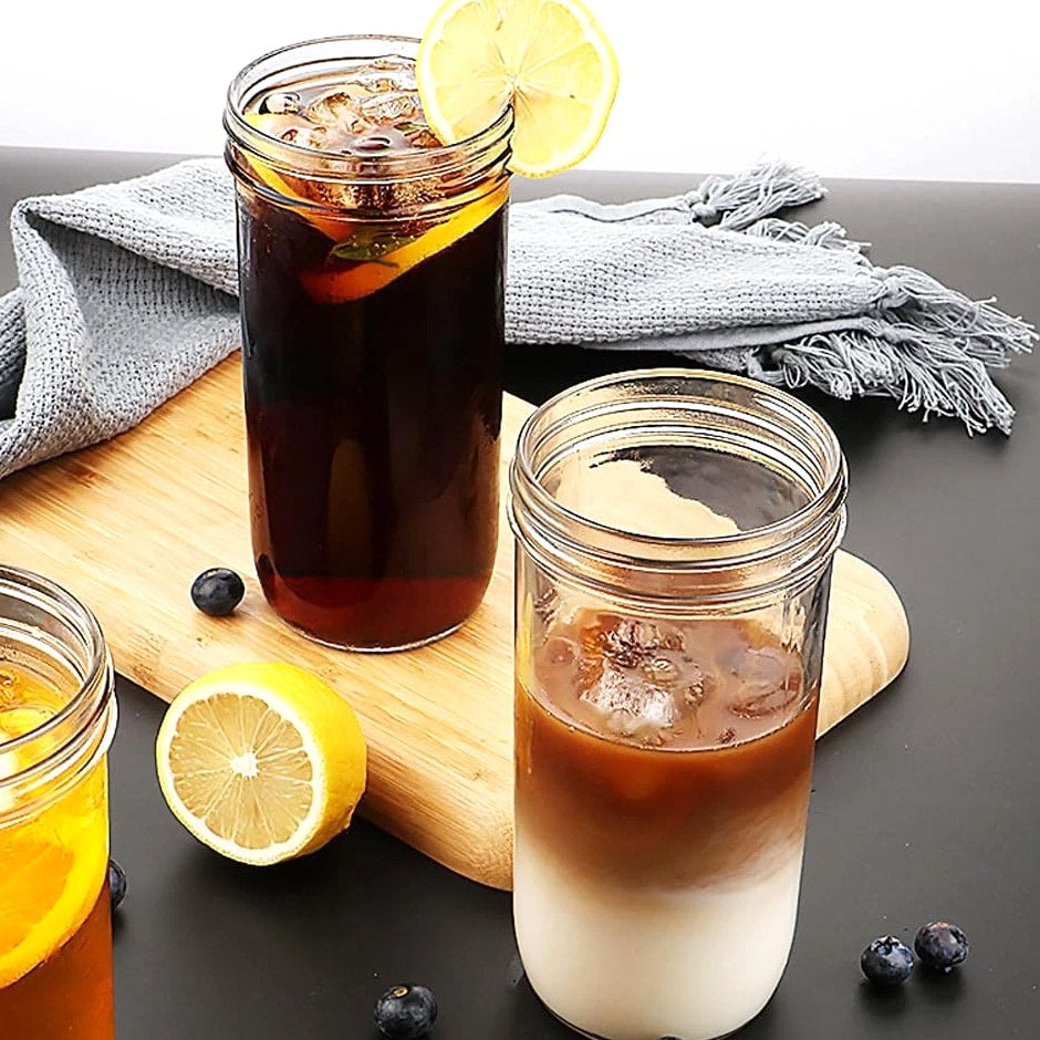 2 Pcs 24 oz Glass Cups With Bamboo Lids and Straws & 2 Airtight Lids, Reusabl...