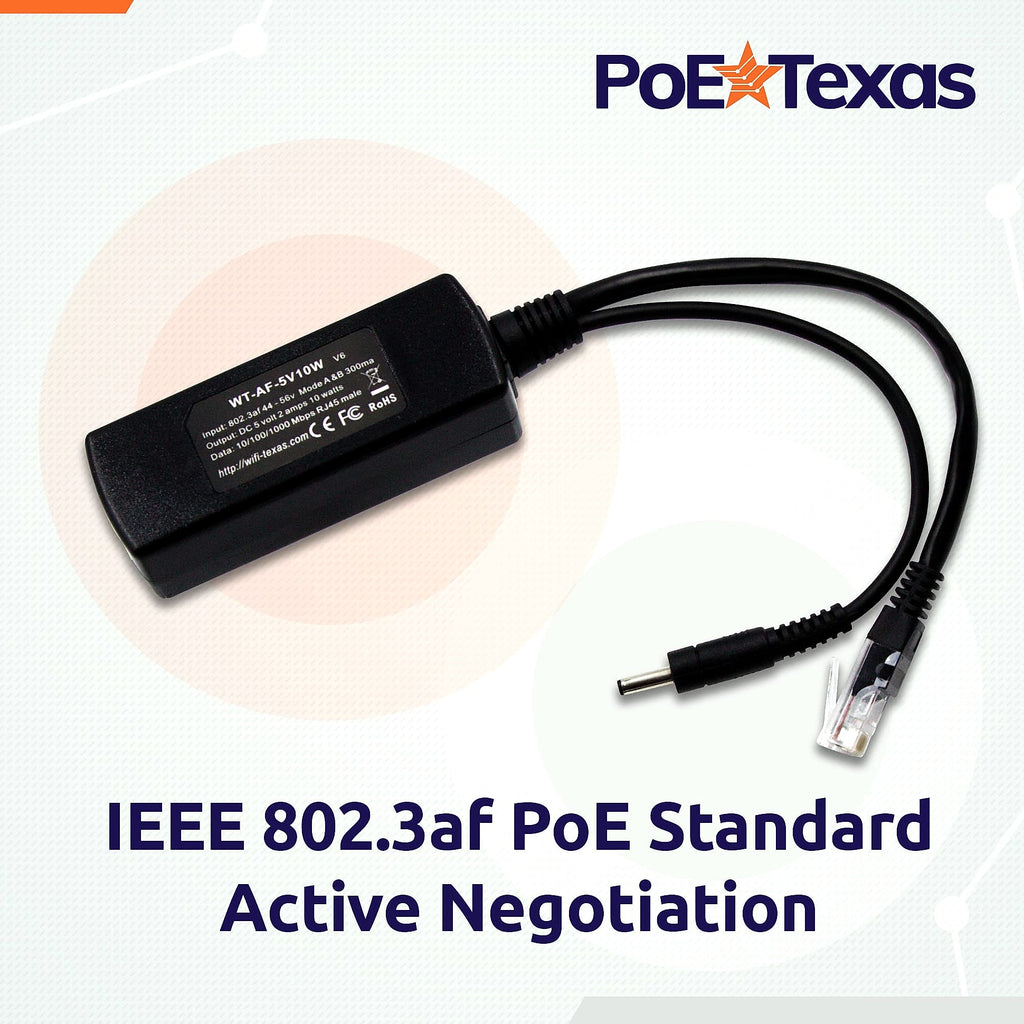PoE Texas 802.3af Power Over Ethernet PoE Splitter with 5 Volts 10 Watts Output - for 5V Non-PoE Security Camera and Devices Like Foscam, Sonoff, Tablet, USB, Dropcam, Raspberry Pi and Others