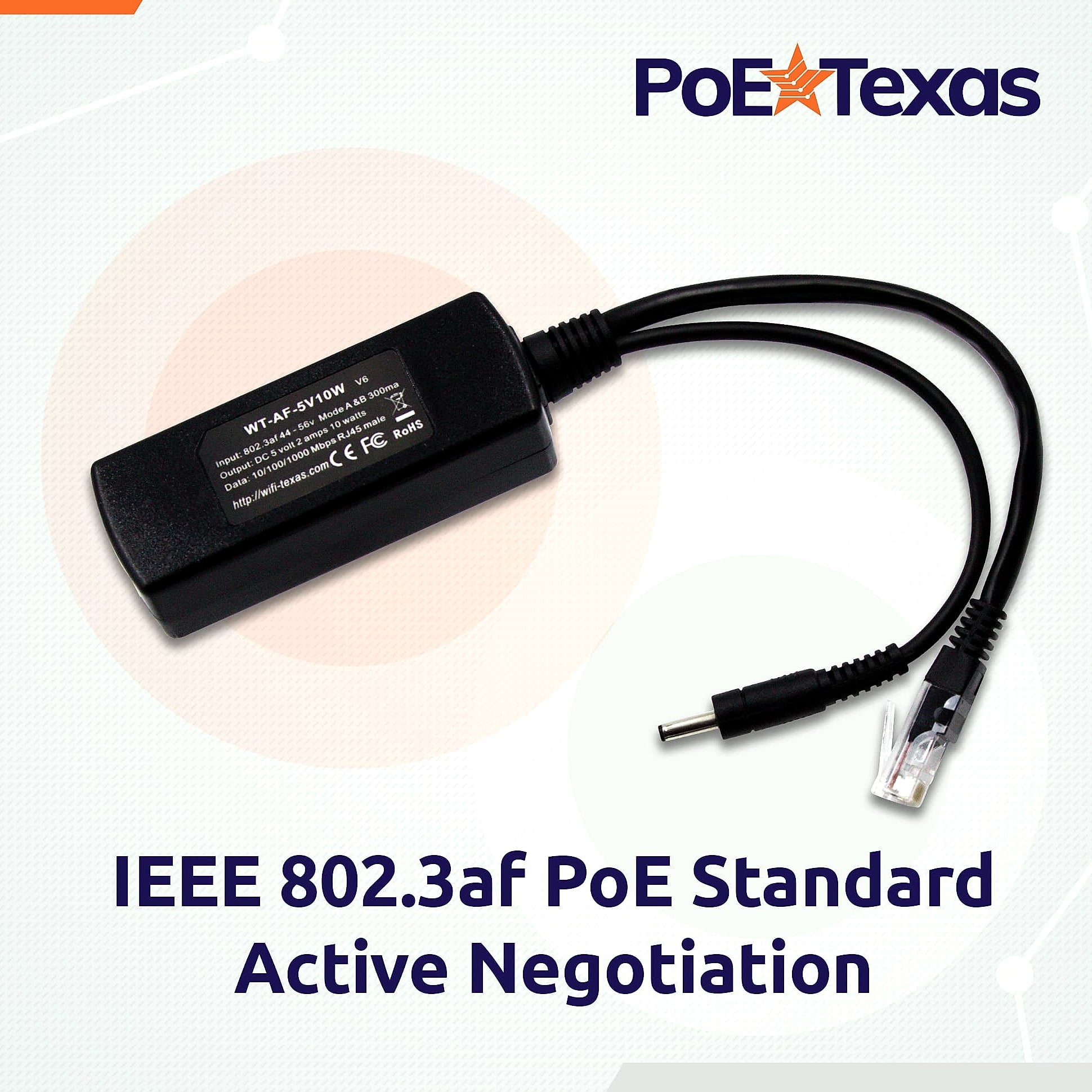 PoE Texas 802.3af Power Over Ethernet PoE Splitter with 5 Volts 10 Watts Output - for 5V Non-PoE Security Camera and Devices Like Foscam, Sonoff, Tablet, USB, Dropcam, Raspberry Pi and Others