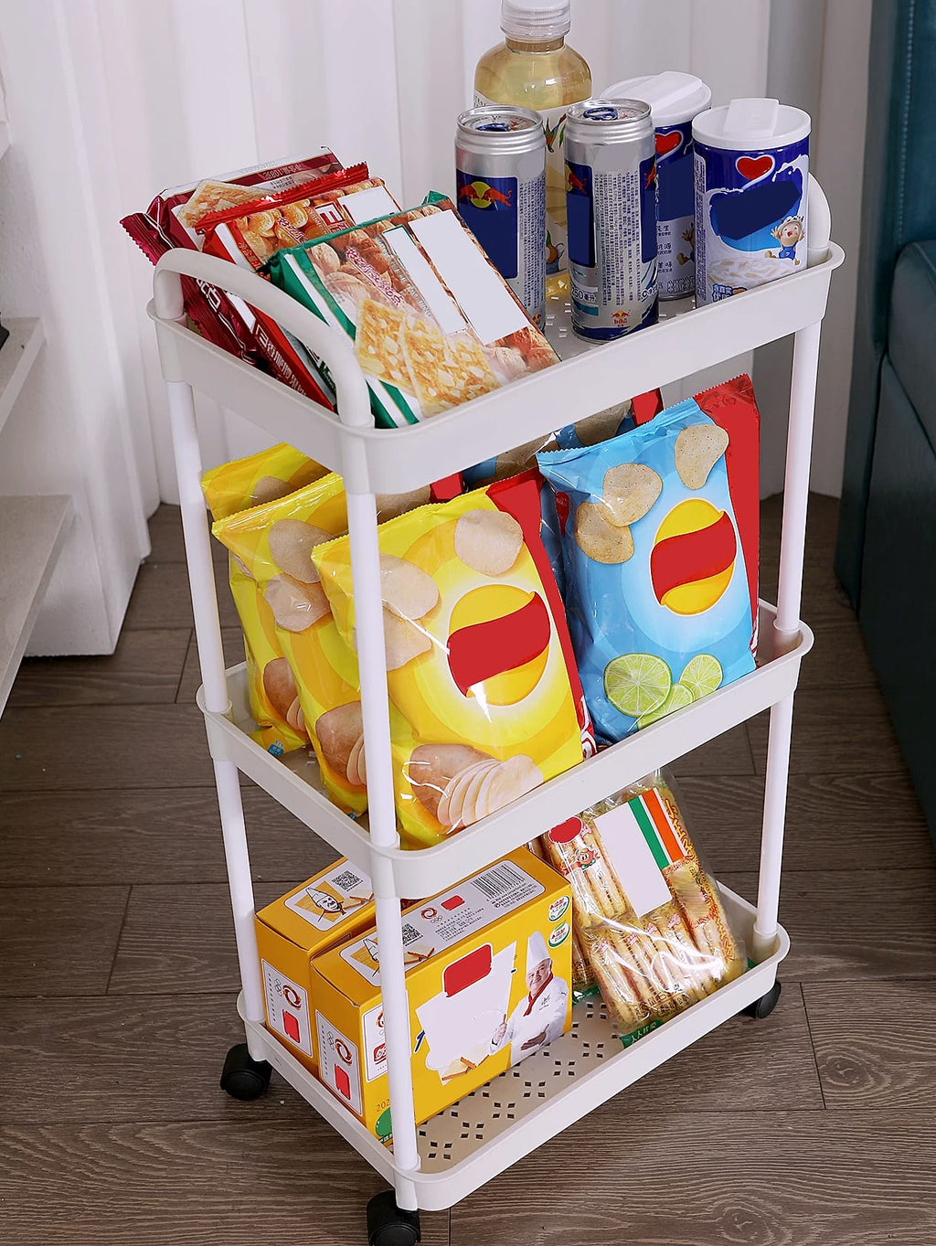 Rolling utility cart with lockable wheels and storage baskets