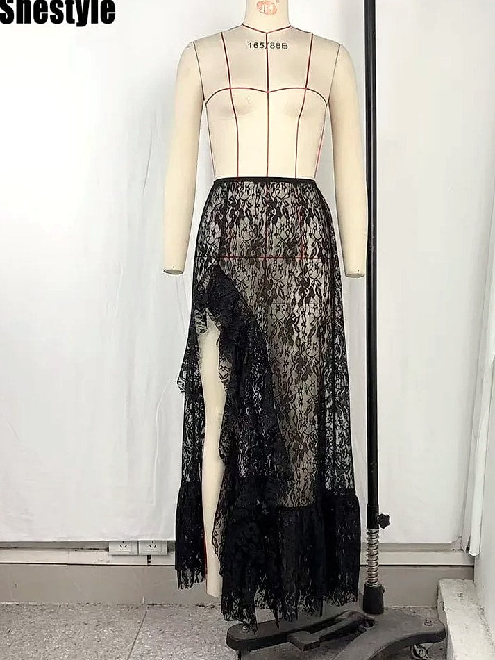 Grosfairy Lace Asymmetrical Skirt with Floral Ruffles