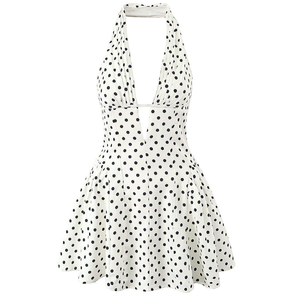Yenkye French Style Polka Dot Halter Mini Dress
