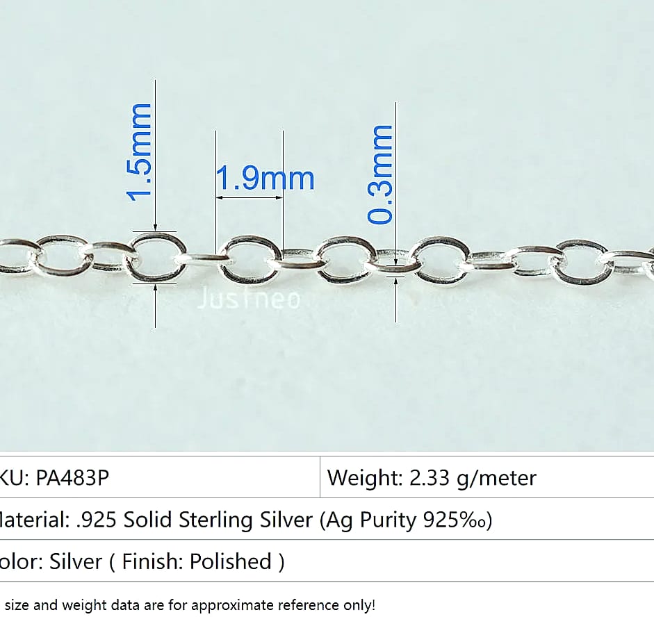 Justneo 925 Sterling Silver Oval Cable Chain 1 meter