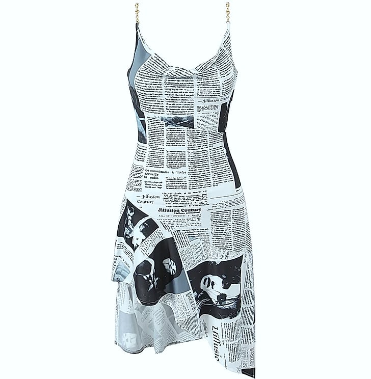 Yenkye Newspaper Print Sling Dress with Backless Chain Straps