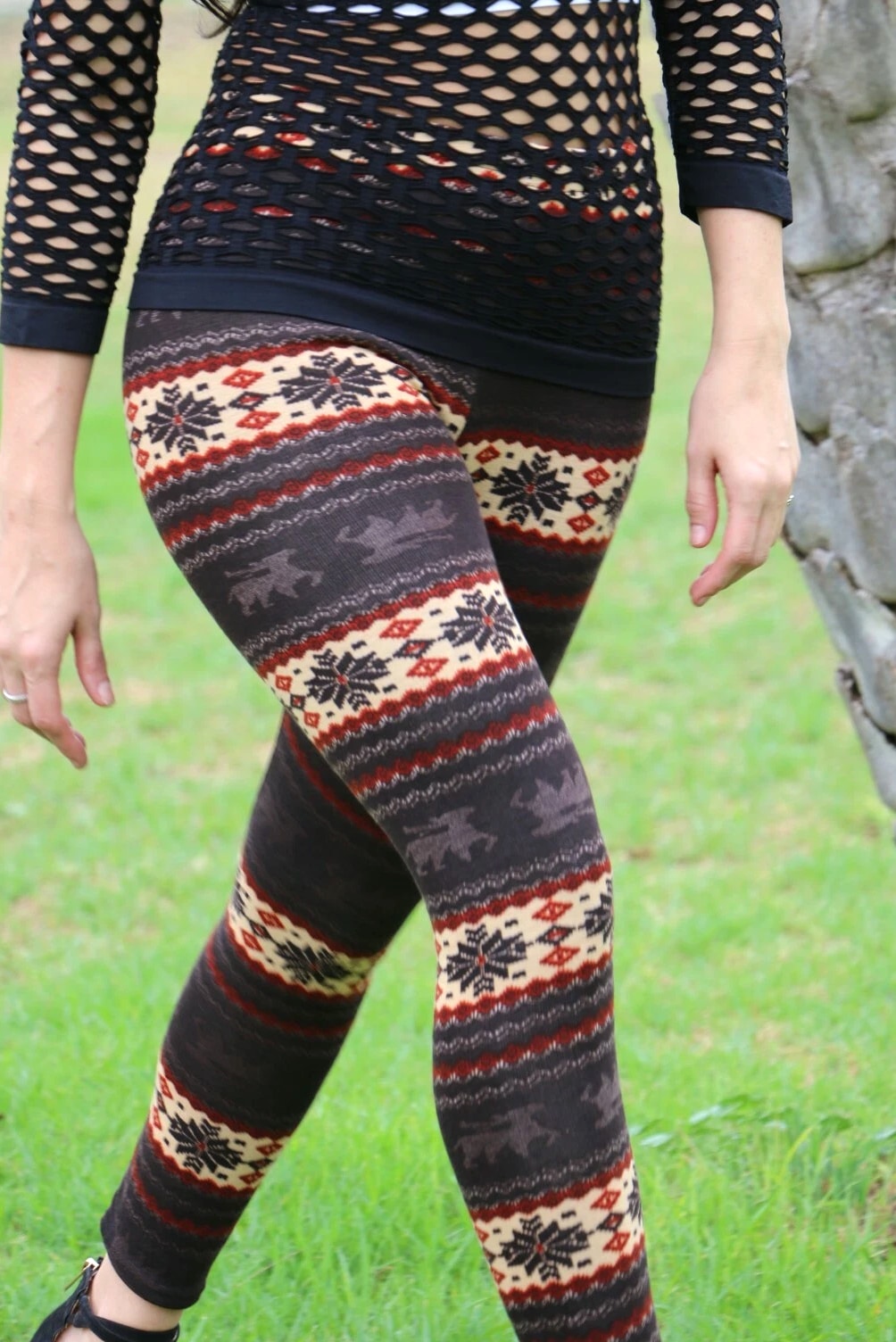 Thin/Thick Winter Womens Nordic Reindeer Snowflake Knitted Leggings Pants
