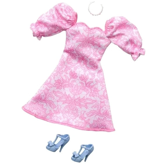 Barbie Doll Clothing, Fashion Pack with Pink Puff Sleeve Dress & Accessories