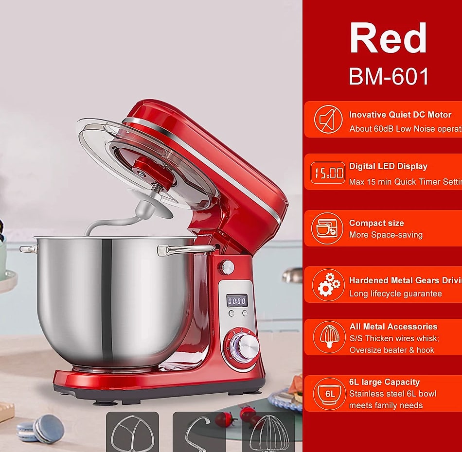 Biolomix 6L Stand Mixer, 1200W DC Motor, 6-Speed Dough Kneader