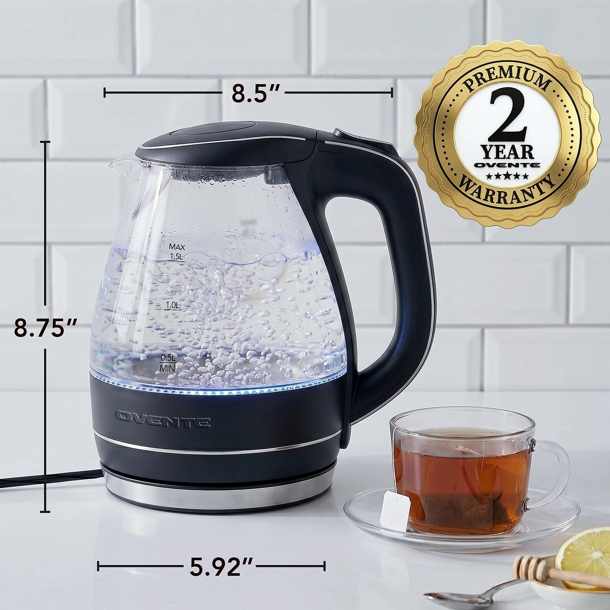 OVENTE KG83B Electric Kettle, 1.5L Borosilicate Glass Water Boiler