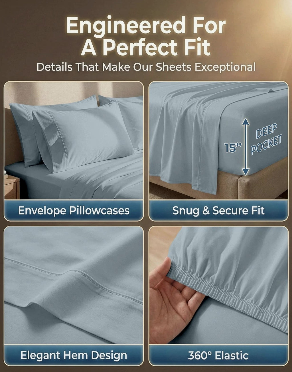 King Size Bed Sheets 600 Thread Count 100% Cotton Blue LANE LINEN Long-Staple