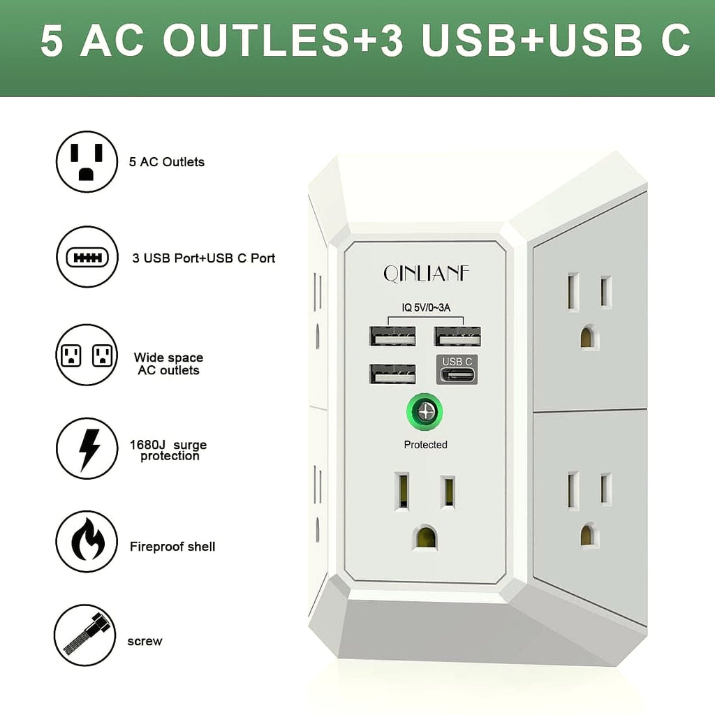 QINLIANF 5 Outlet Wall Charger with 4 USB Ports