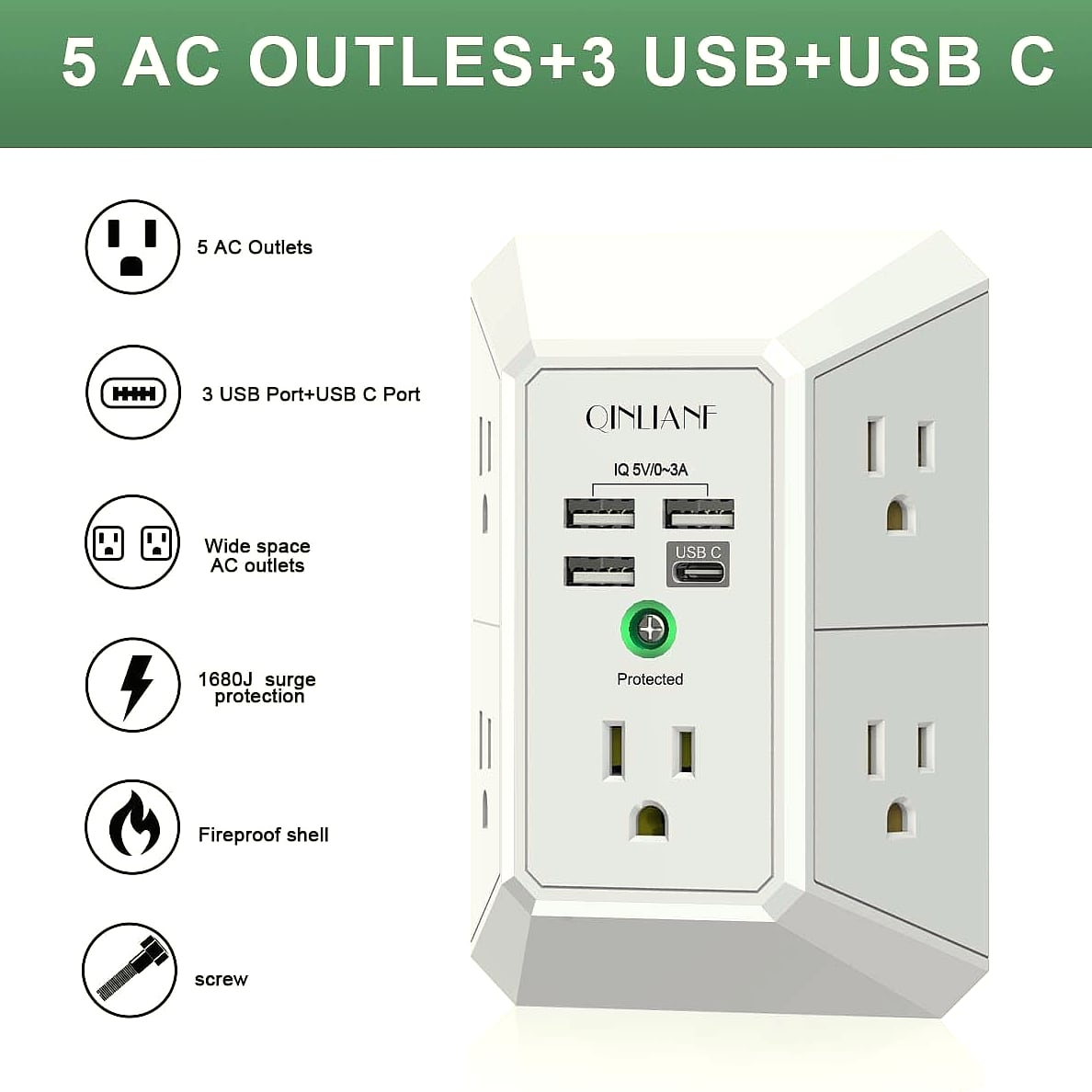 QINLIANF 5 Outlet Wall Charger with 4 USB Ports