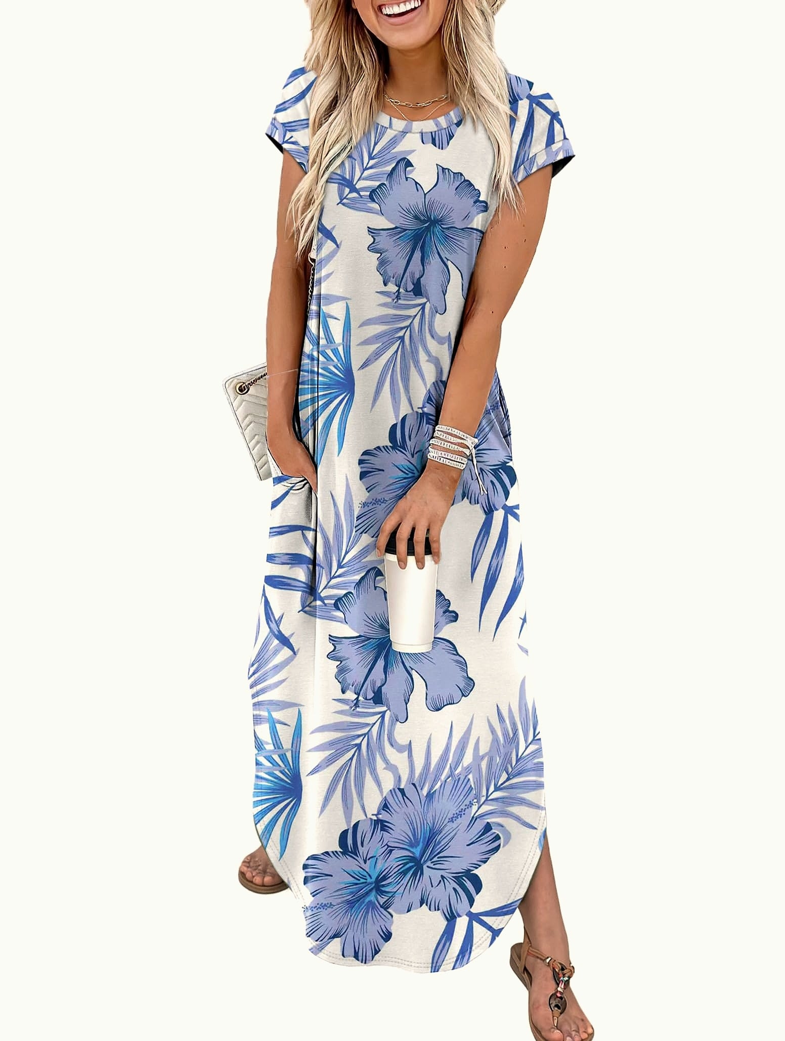 WIHOLL Summer Maxi Dress Cap Sleeve Crewneck with Pockets