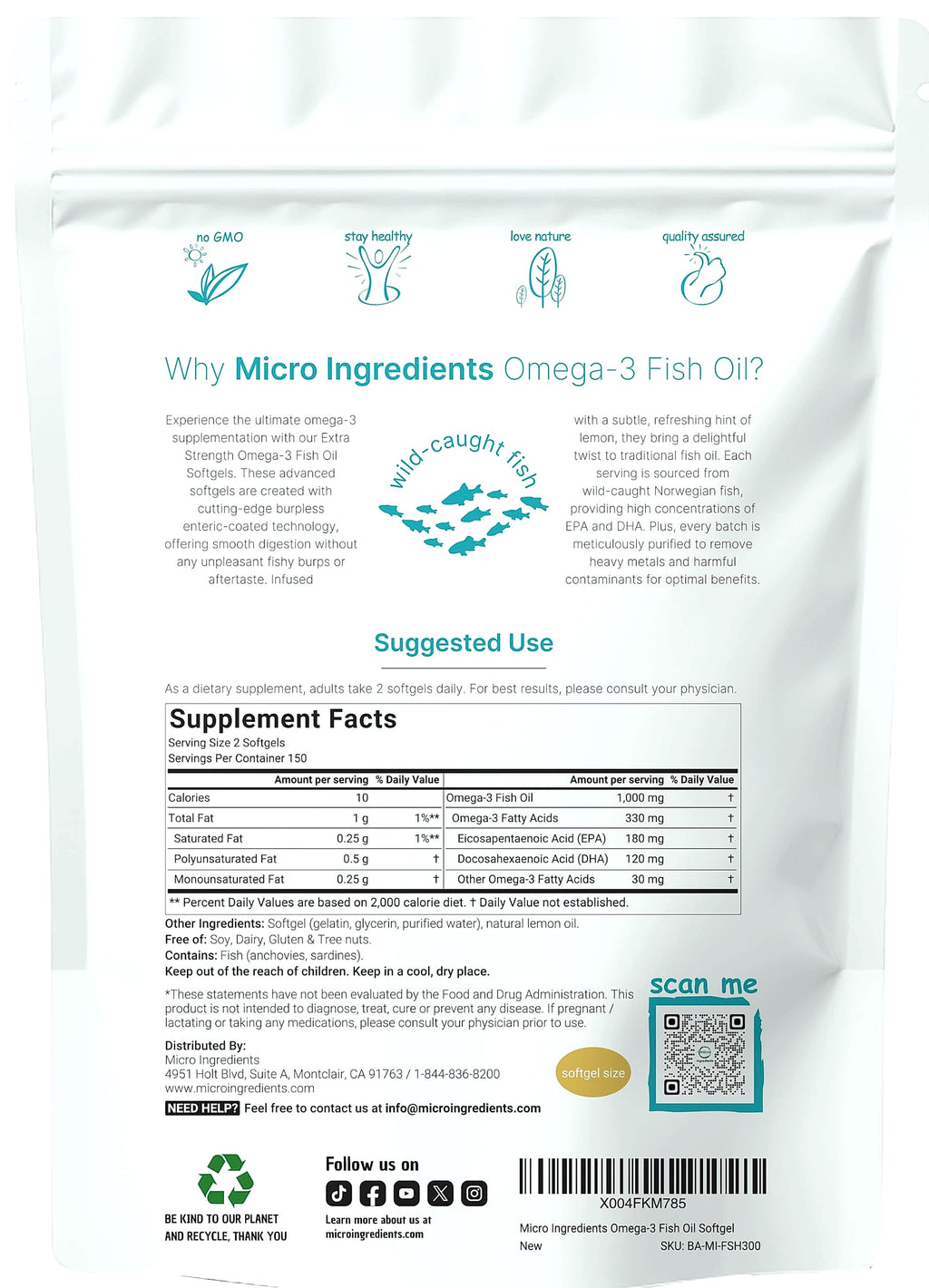 Micro Ingredients Omega 3 Fish Oil 1000mg, 300 Softgels