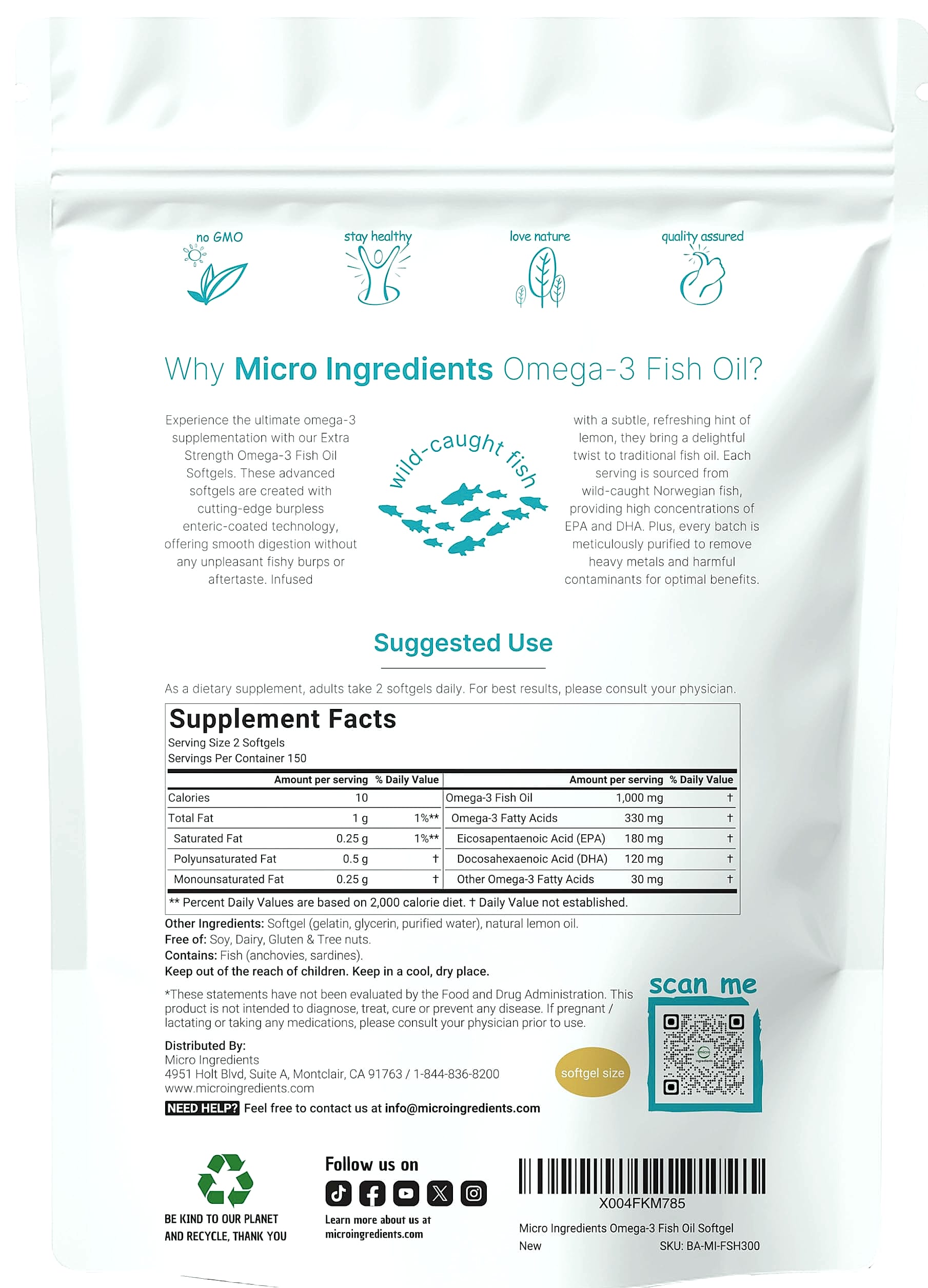 Micro Ingredients Omega 3 Fish Oil 1000mg, 300 Softgels
