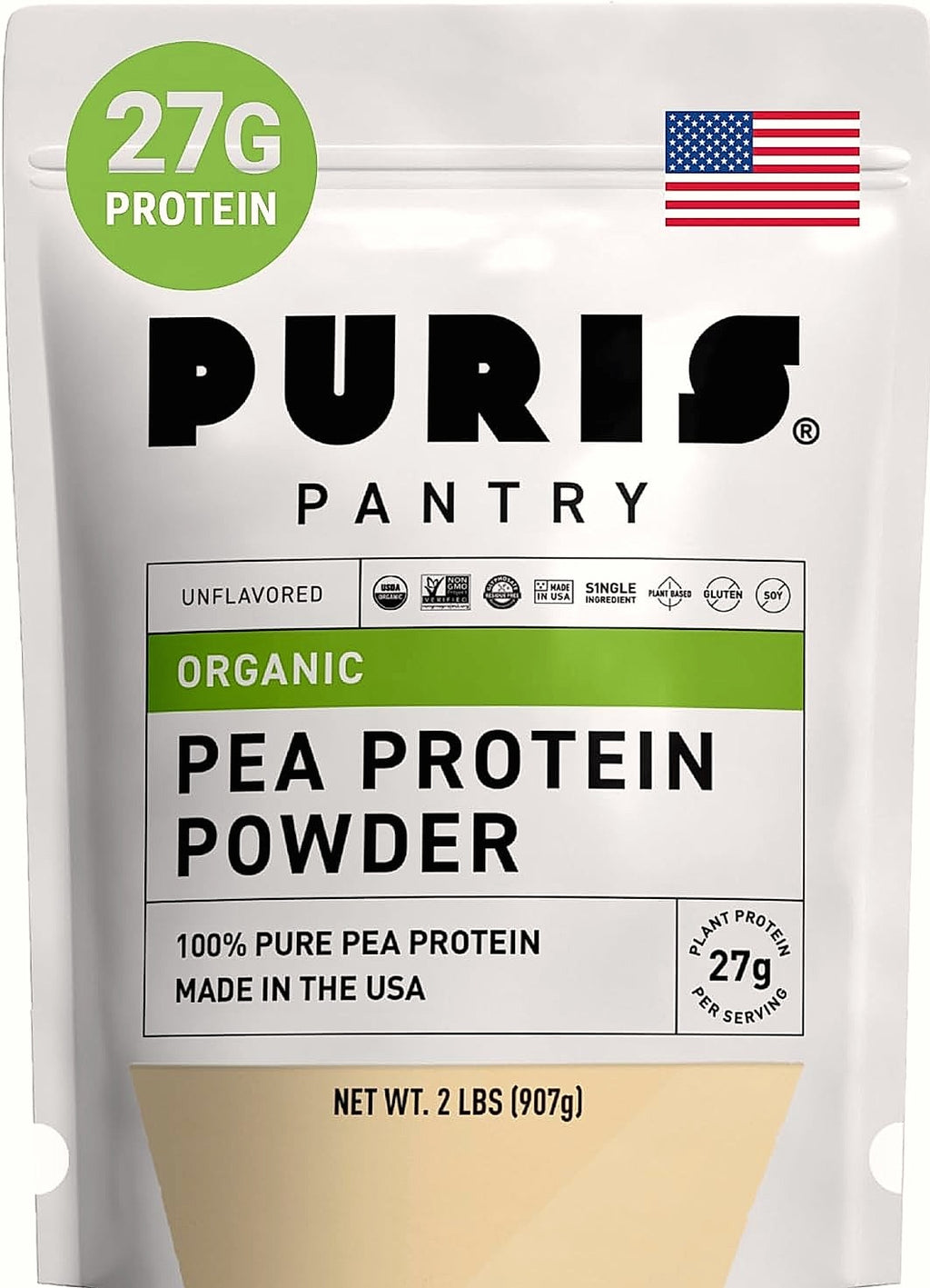 PURIS Organic Pea Protein Powder, 27g Plant Protein Vegan