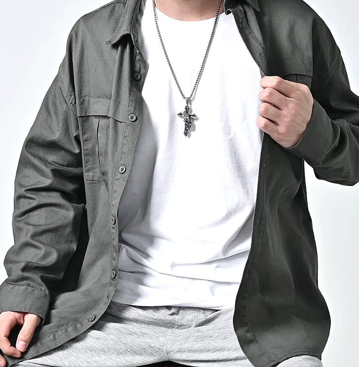 Stainless Steel Prayer Hands Cross Pendant Necklace
