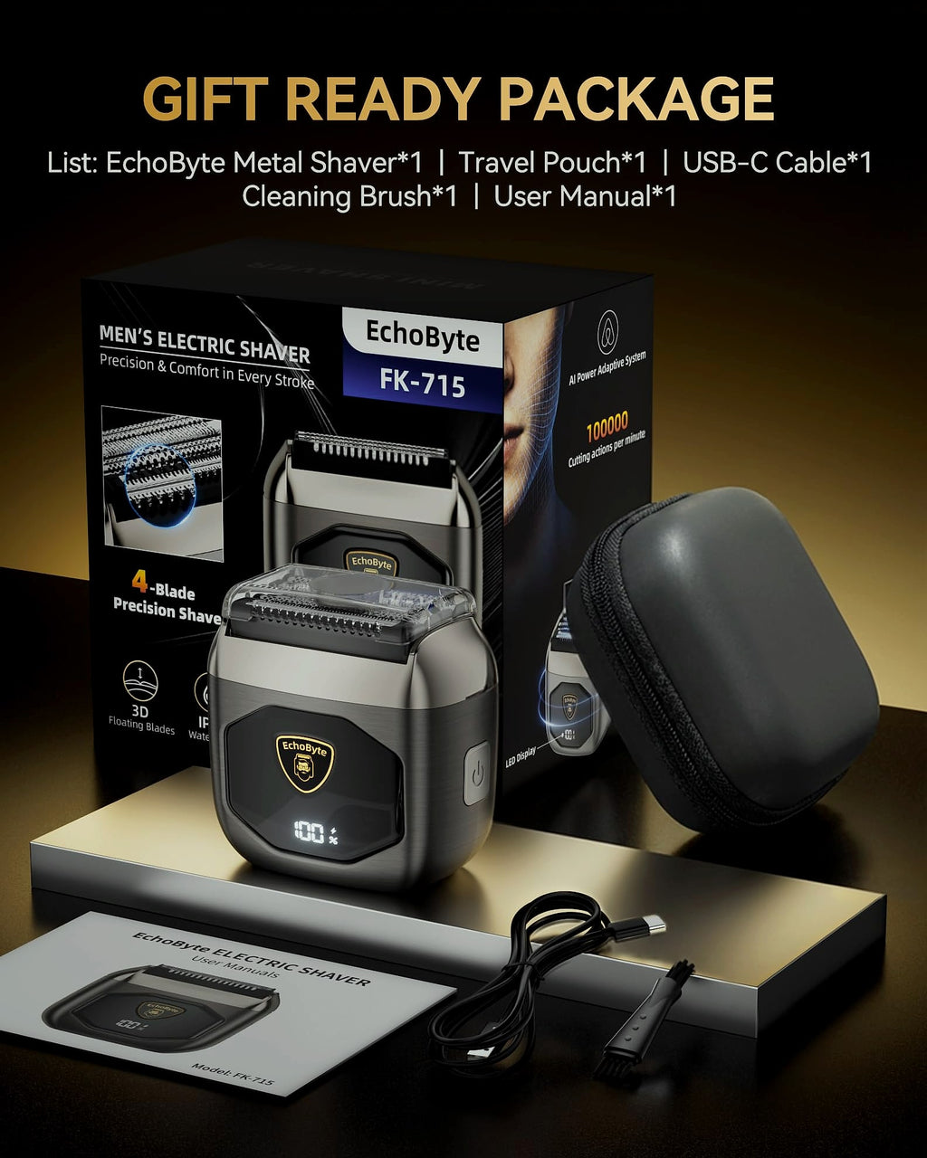 EchoByte 4-Blade Foil Shaver for Men, IPX7 Waterproof Electric Razor