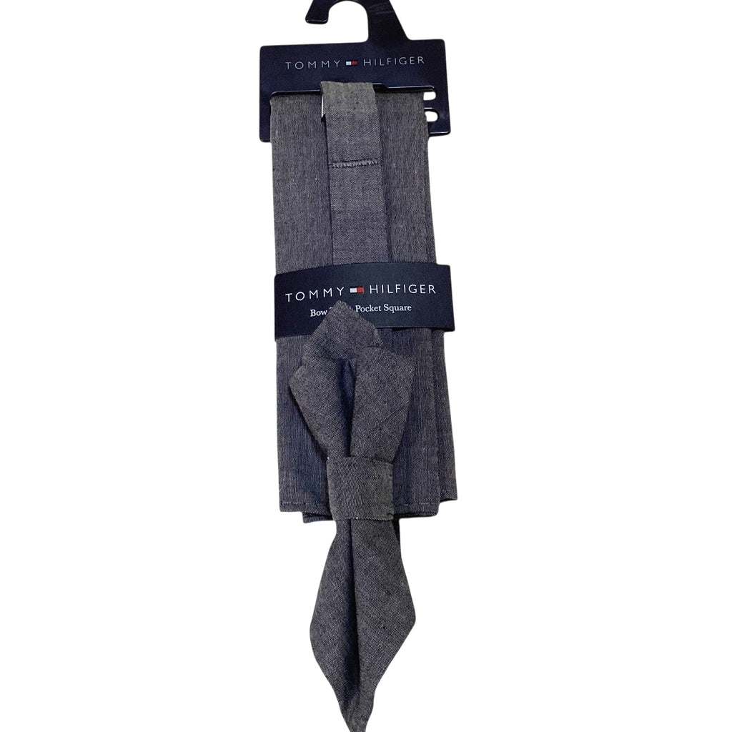 TOMMY HILFIGER Men's Cotton BOW TIE & POCKET SQUARE Set Designer SOLID Gray NWT