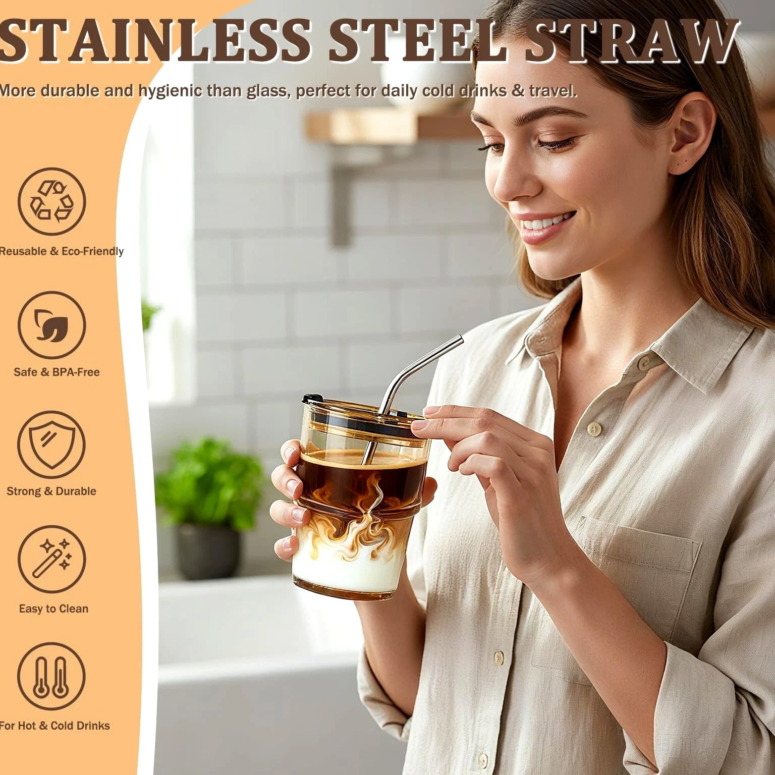 4 Packs Glass Tumbler with Lid and Straw 13 oz Cute Ice Coffee Cup Set for Sm...