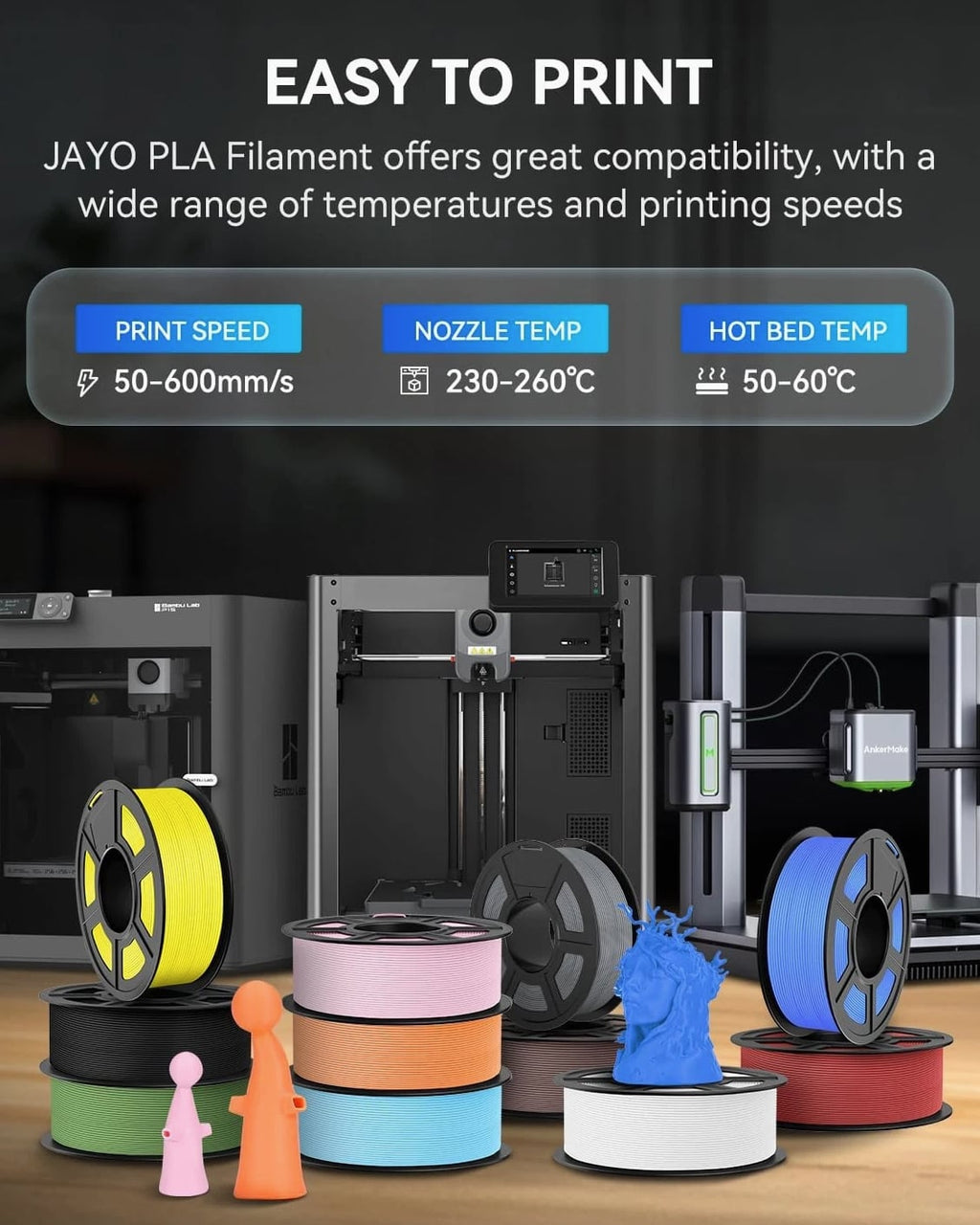 JAYO PLA Black 3D Printer Filament 1.1KG With Spool 1.75mm for FDM Printers
