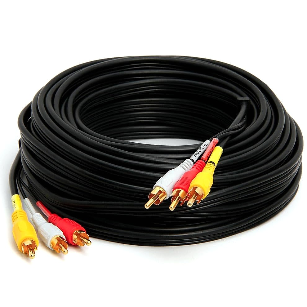Cmple - 3 RCA Cable 50 Feet Composite Three RCA Male to Male Audio Video Cables A/V Gold Plated Triple Plug to Plug Cord for VHS/DVD Players, TVs