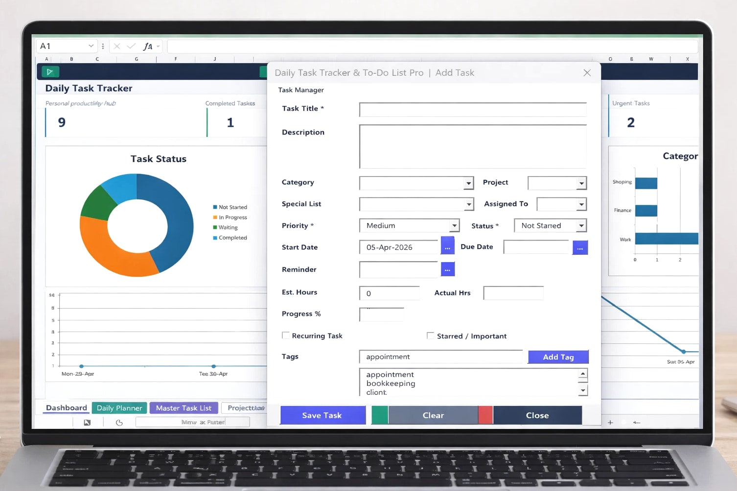 Automated Excel Task Tracker Template | Daily Planner, Calendar, Project Tracker