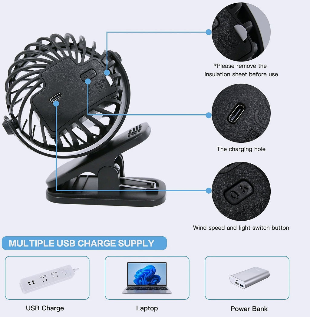 Oeny Mini Clip Fan USB Rechargeable Portable Cooling