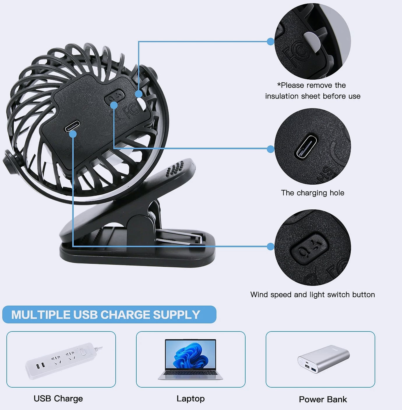 Oeny Mini Clip Fan USB Rechargeable Portable Cooling