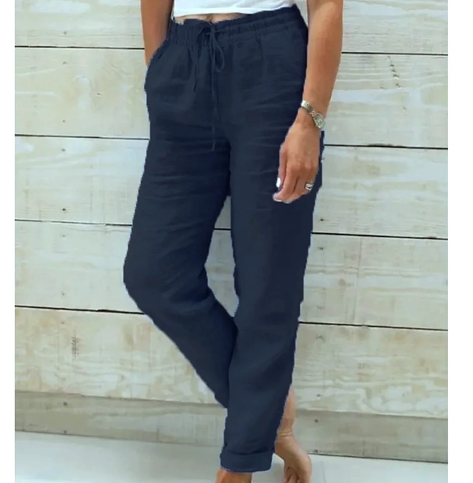 BAVFD Women's Cotton Linen Casual Pants Elastic Waist