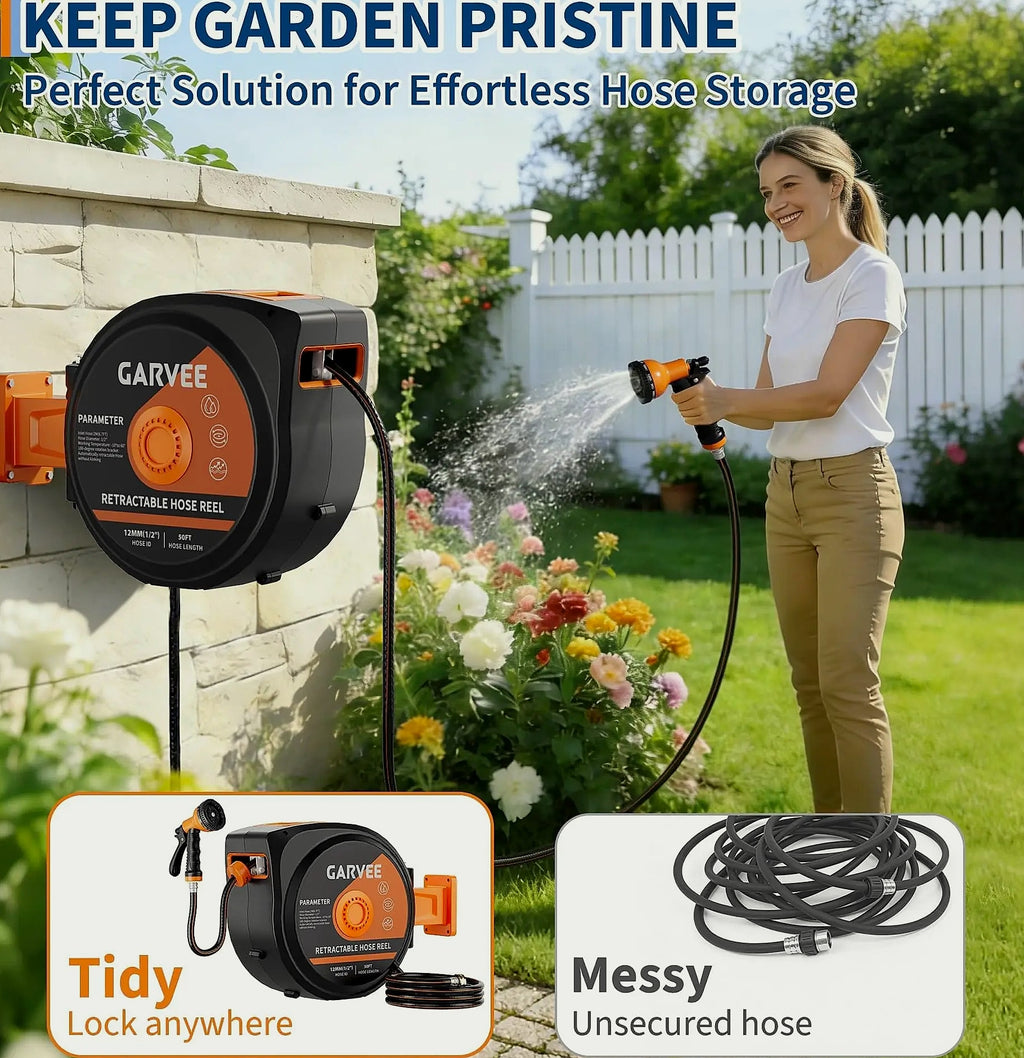 HiMISS Retractable Garden Hose Reel 50FT 100FT 130FT Wall Mounted