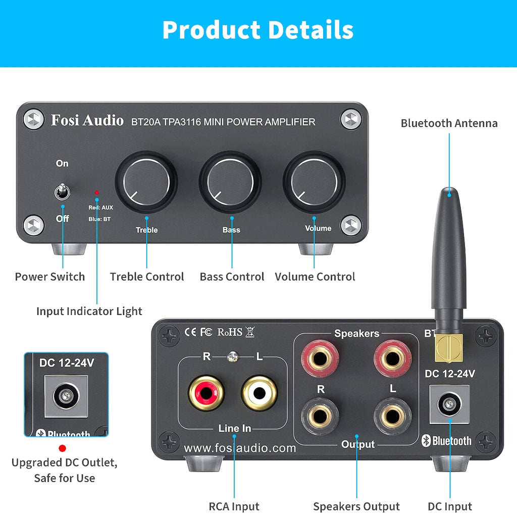 Fosi Audio BT20A Bluetooth 5.0 Stereo Audio 2.0CH Amplifier Receiver Mini Hi-Fi