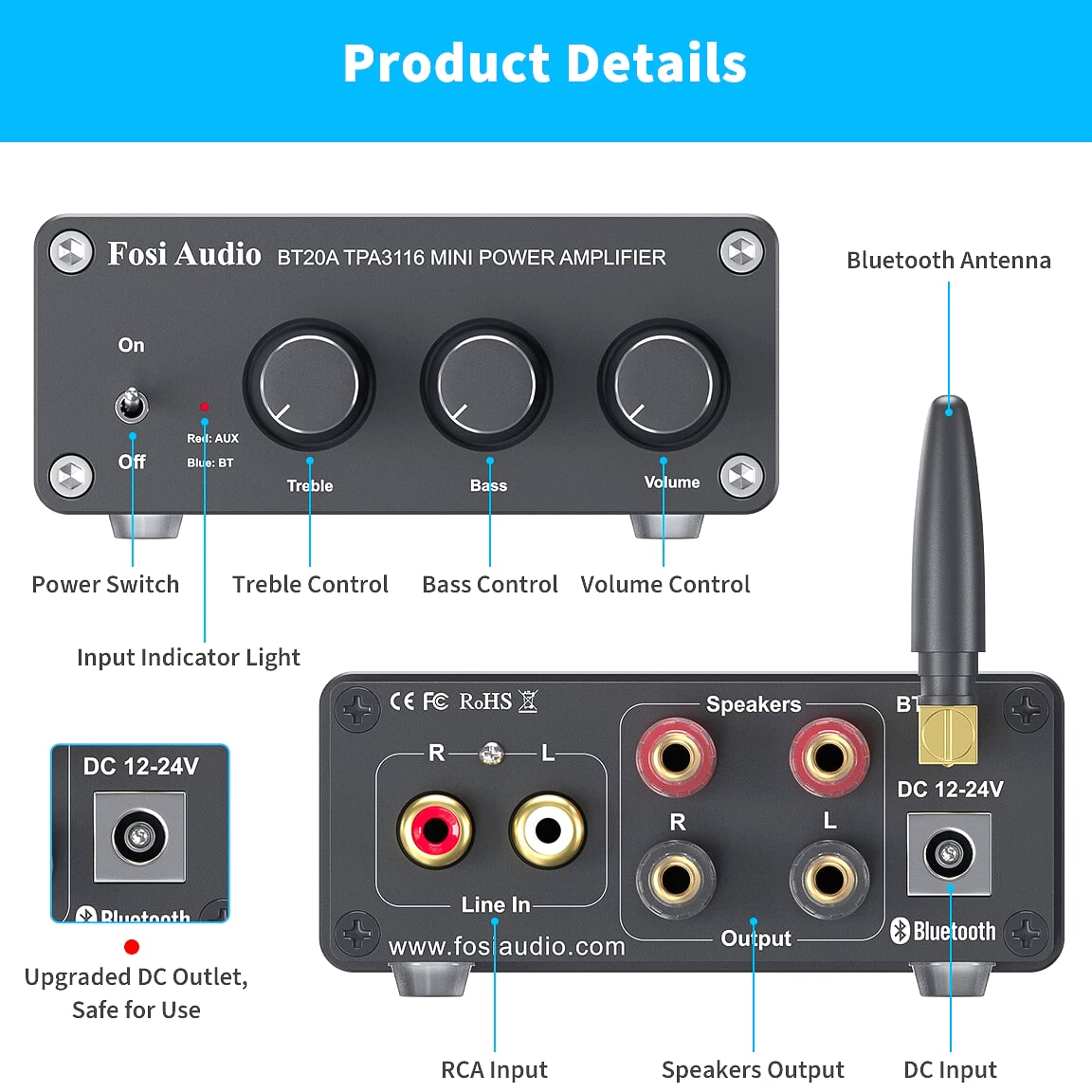 Fosi Audio BT20A Bluetooth 5.0 Stereo Audio 2.0CH Amplifier Receiver Mini Hi-Fi