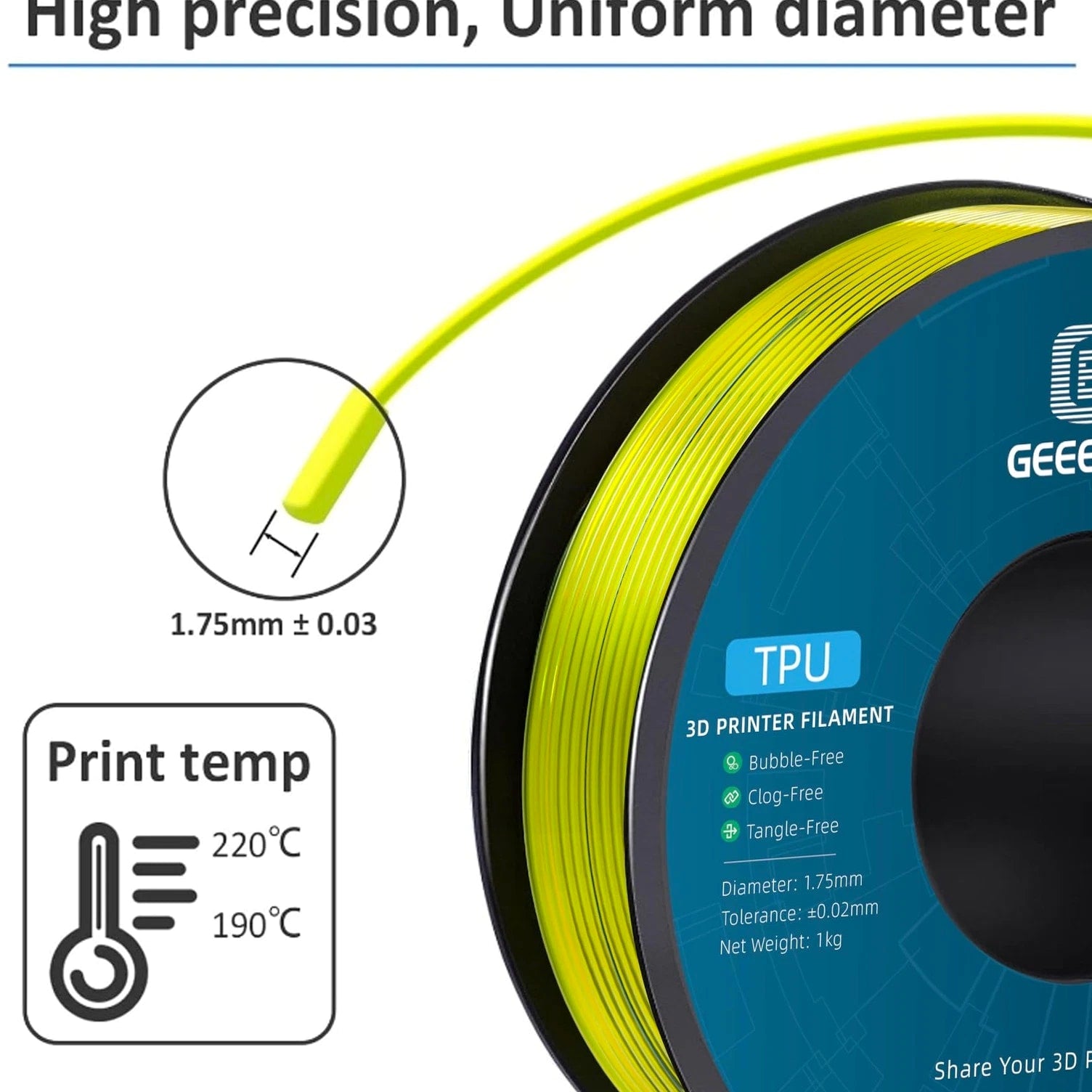 Geeetech TPU Filament 1.75mm, Shore 95A Flexible 3D TPU, Clear Yellow