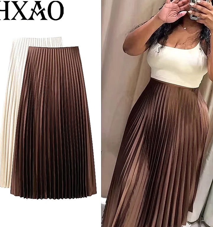 HXAO Women's Pleated Midi Skirt Brown Summer