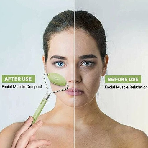 Natural Jade Roller with Gua Sha Lymphatic Drainage Tool for Face, Neck Anti-Aging